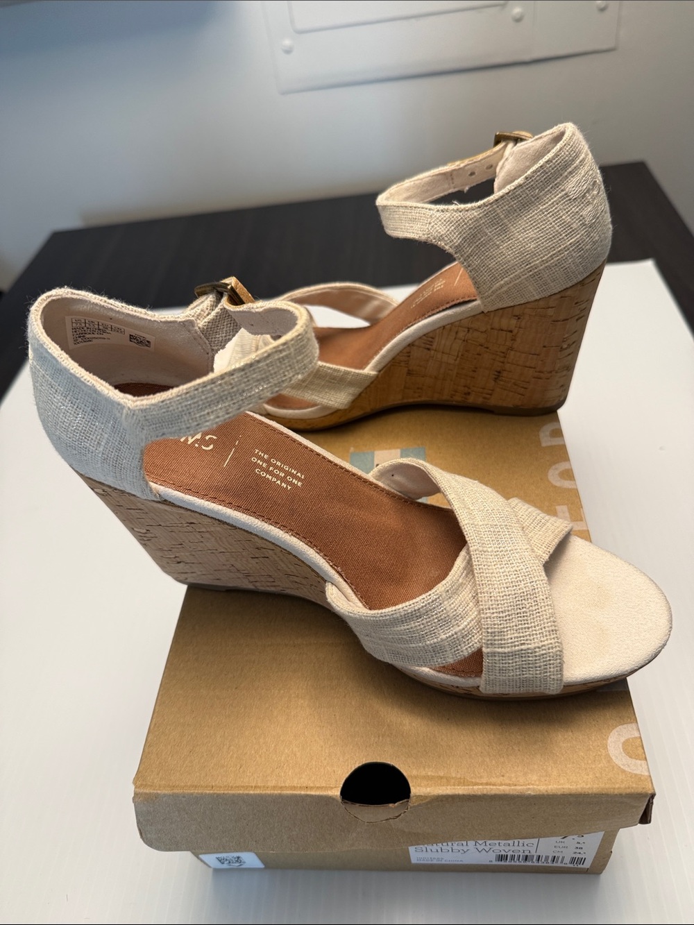 TOMS Sienna Natural Metallic Slubby Woven Cork Wedge Sandals - Picture 7 of 10